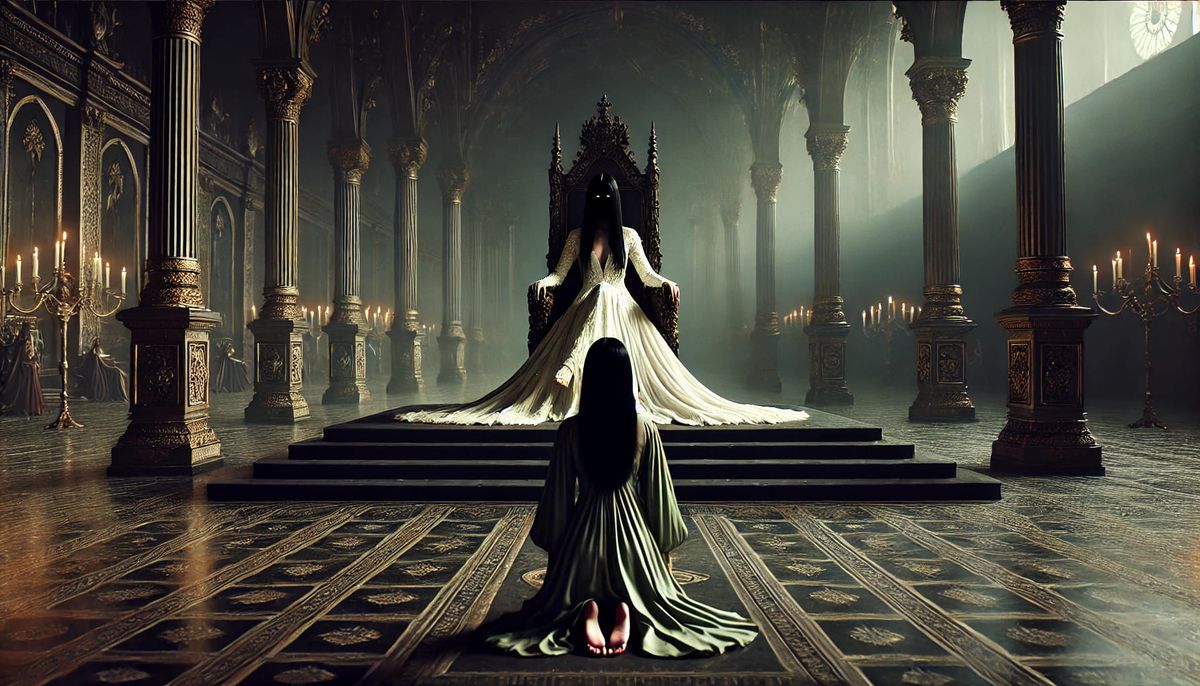 A cloaked figure kneels before a robed queen on a throne in a vast candlelit hall