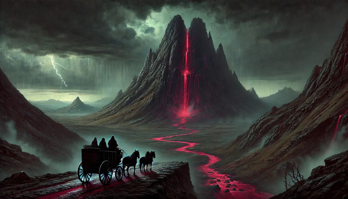 A horse-drawn carriage crosses a dark valley toward a mountain split by a glowing red waterfall