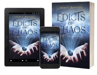 Edicts of Chaos: The Ruux Stone shown as a paperback, on a tablet and on a phone