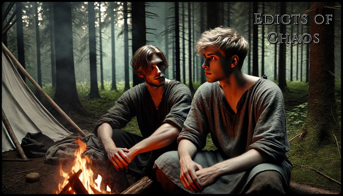 Concept art of Hew and Val Dayson, two young men sitting by a campfire in a dark forest