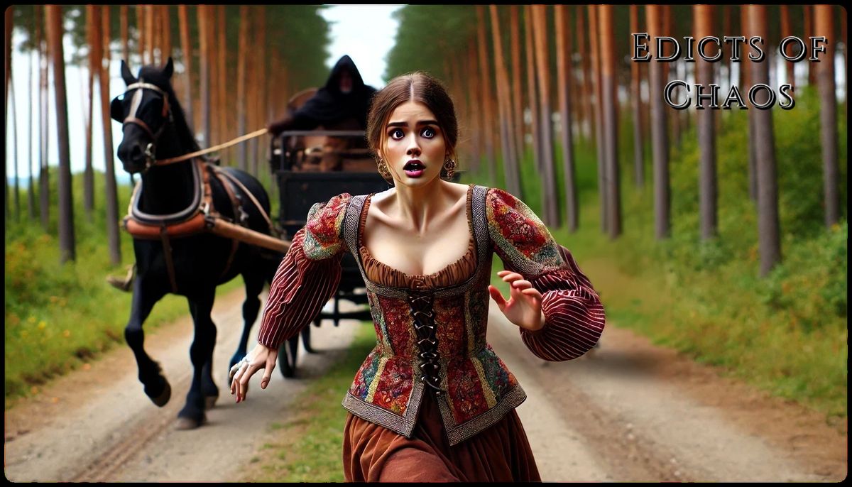 Concept art of Dea Lasaria running down a forest road, pursued by a black horse and carriage