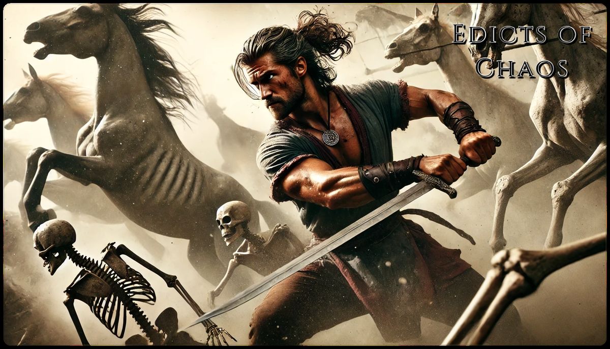 Concept art of Tague Ryye swinging a sword against skeletal horses and warriors