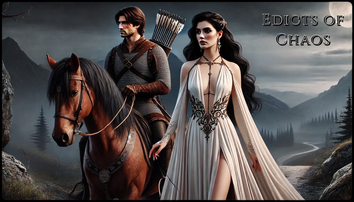 Concept art of Zey’ata Fé in a white gown beside Noxx on horseback, with misty mountains behind them